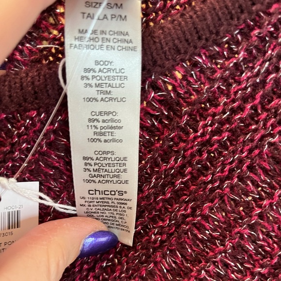 Chico’s Metallic Knit Triangle Poncho In Poppin Wine Berry - Picture 8 of 11